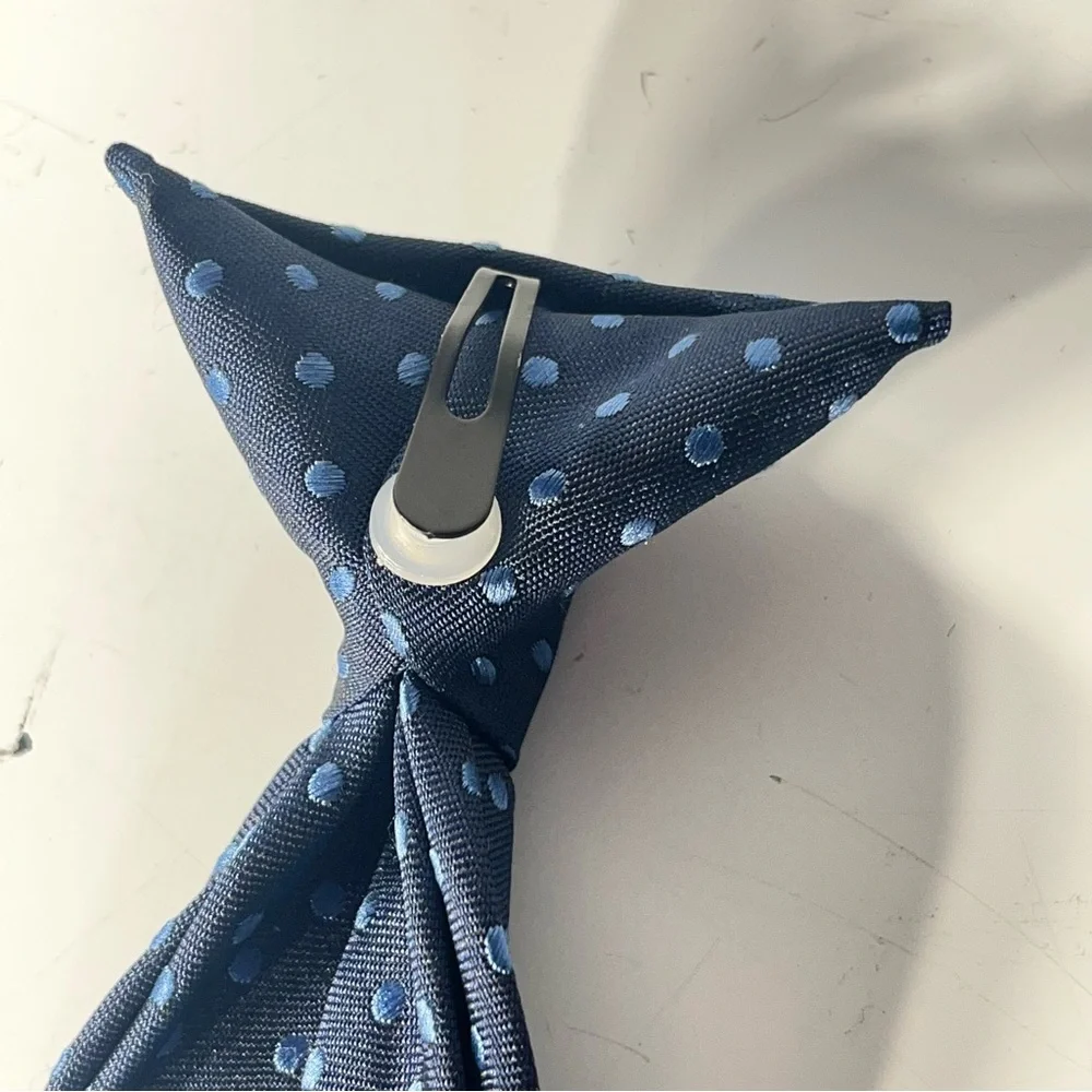 Boys clip on Tie, Light Blue Dots on Dark Blue